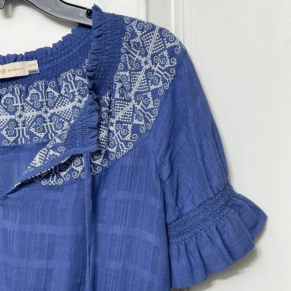Tory Burch Nina Embroidered Peasant Short Sleeve Blouse in Blue Size XS - Picture 6 of 9